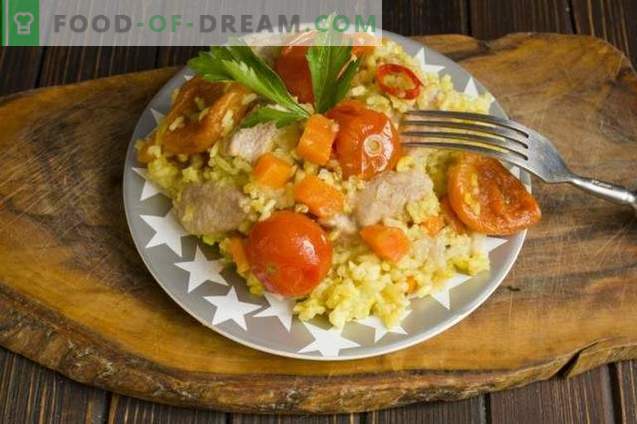 Pork pilaf with dried apricots and cherry tomatoes