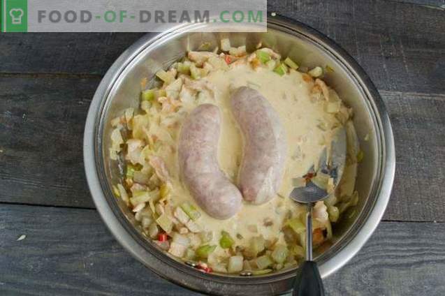 Chicken goulash with baked vegetables and sausage