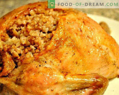 Chicken stuffed with apples in the oven, whole, with oranges, buckwheat