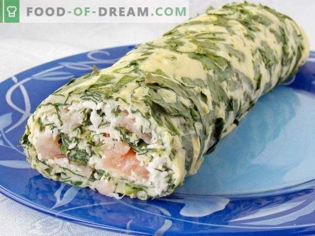 Omelet roll stuffed with cheese, red fish and greens