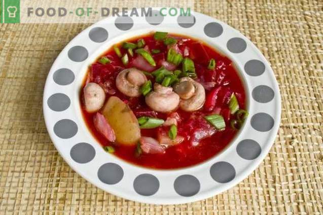 Red beet soup made from beetroot with chicken and champignons