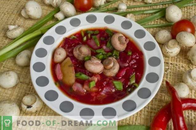 Red beet soup made from beetroot with chicken and champignons