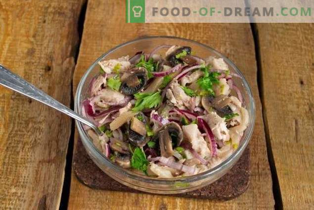 Nourishing pork salad with mushrooms in a country style