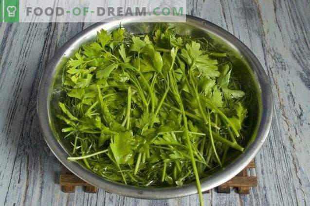 Preparation of greens for the winter: seasoning for salads and soups with garlic, ...