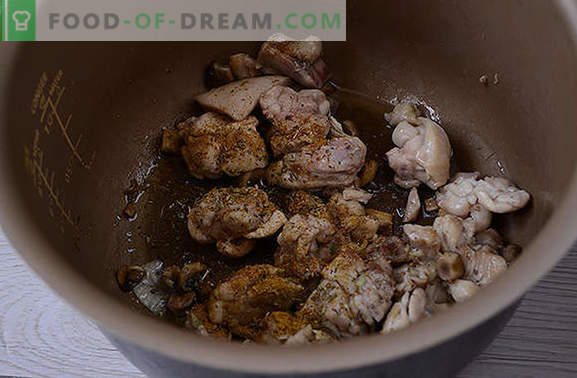 Stewed chicken with mushrooms: cook fragrant thighs for the holiday and every day. Author's step by step photo-recipe for cooking chicken with mushrooms in sour cream