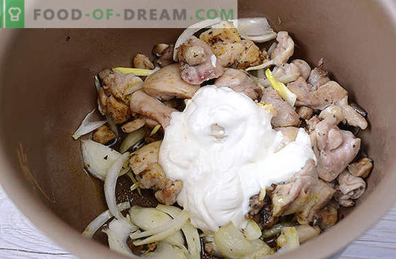 Stewed chicken with mushrooms: cook fragrant thighs for the holiday and every day. Author's step by step photo-recipe for cooking chicken with mushrooms in sour cream