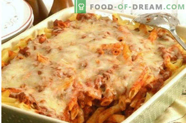 Pasta Casserole with minced meat in the oven, with cheese, vegetables, step by step