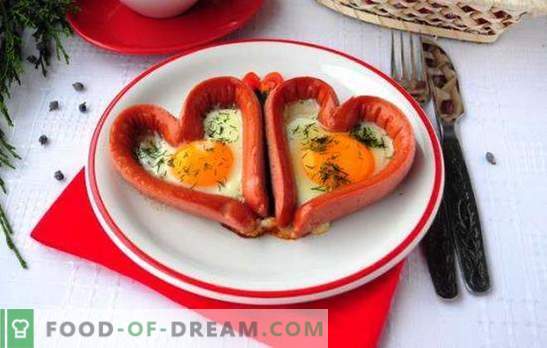 Fried eggs with sausages - tasty, satisfying, romantic! Recipes of different fried eggs with sausages: hearts, mixed, fried eggs