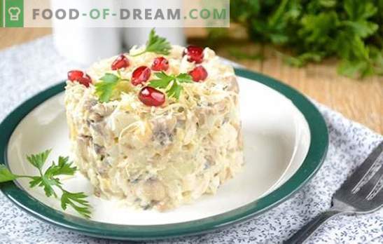 Salad with mushrooms and chicken: an appetizer and a full main dish. Step-by-step photo-recipe for a hearty salad of chicken fillet, mushrooms and cheese