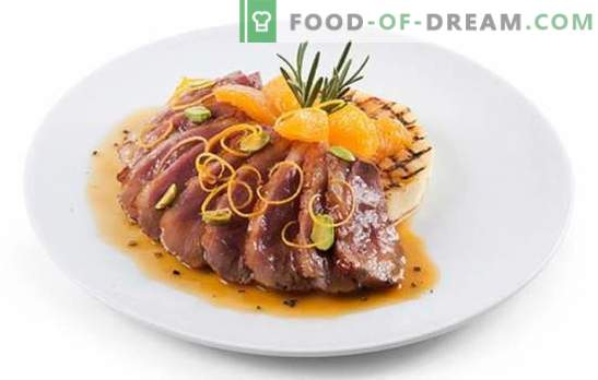 Duck breast with vegetables, mushrooms, oranges, ginger, figs, rosemary. How to cook duck breast: copyright recipes