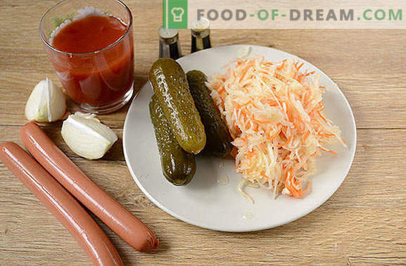 Solyanka of sauerkraut with nipples: a quick and wholesome quick meal. Author's step by step photo recipe of sauerkraut soups with sausages and pickles