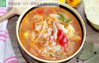 Cooking cabbage soup with fresh cabbage and chicken. The classic technology of Russian cabbage soup made from fresh cabbage with chicken in the modern kitchen