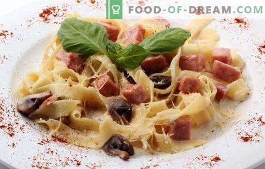 Fettuccine with ham - noodles in Italian! Different ways of cooking fettuccine with ham and cheese, mushrooms, tomatoes