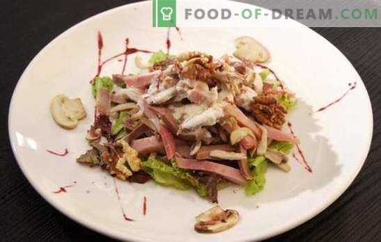 Salad with ham and mushrooms is a great festive appetizer. The best recipes for salads with ham and mushrooms: simple and puff
