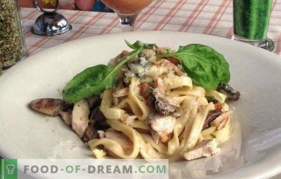 Fettuccine with chicken - recipes and cooking details. Cooking fetuchini with chicken in a creamy sauce, with mushrooms, cheese, vegetables