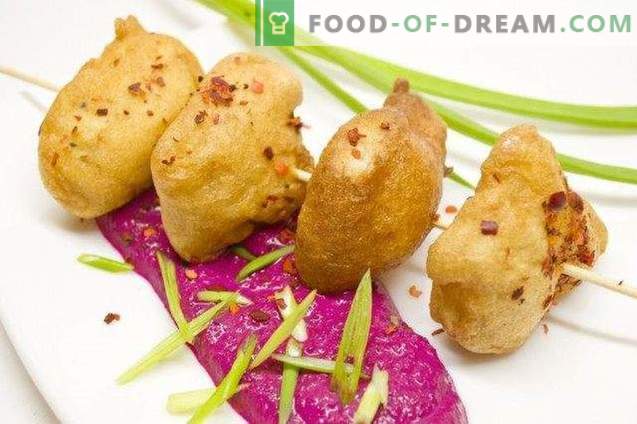 Fish in batter with beet puree