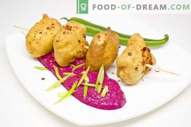 Fish in batter with beet puree